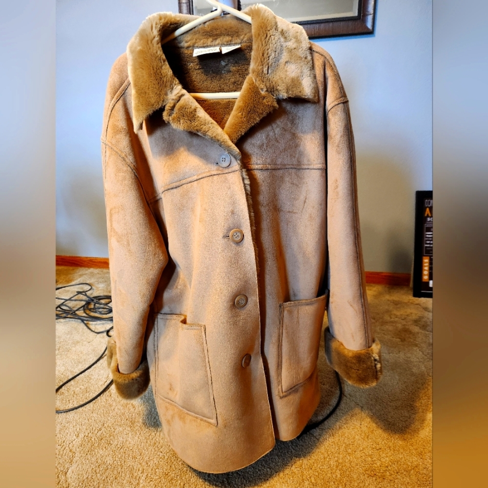 St. John's Bay Tan Teddy Jacket with Faux Fur Collar
